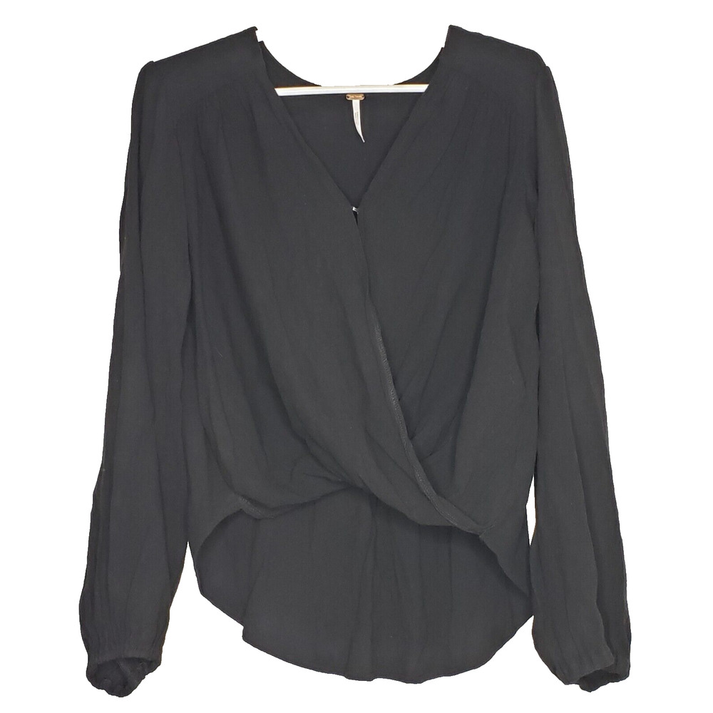 Free People Women's Top XS Black L/S Wrap Hook & Loop Front HiLo Viscose Blouse